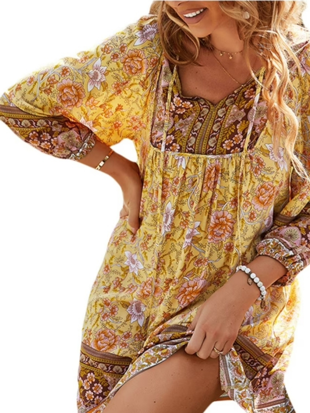 Boho, Cottagecore Yellow Floral Mini Dress By Anna Kaci California